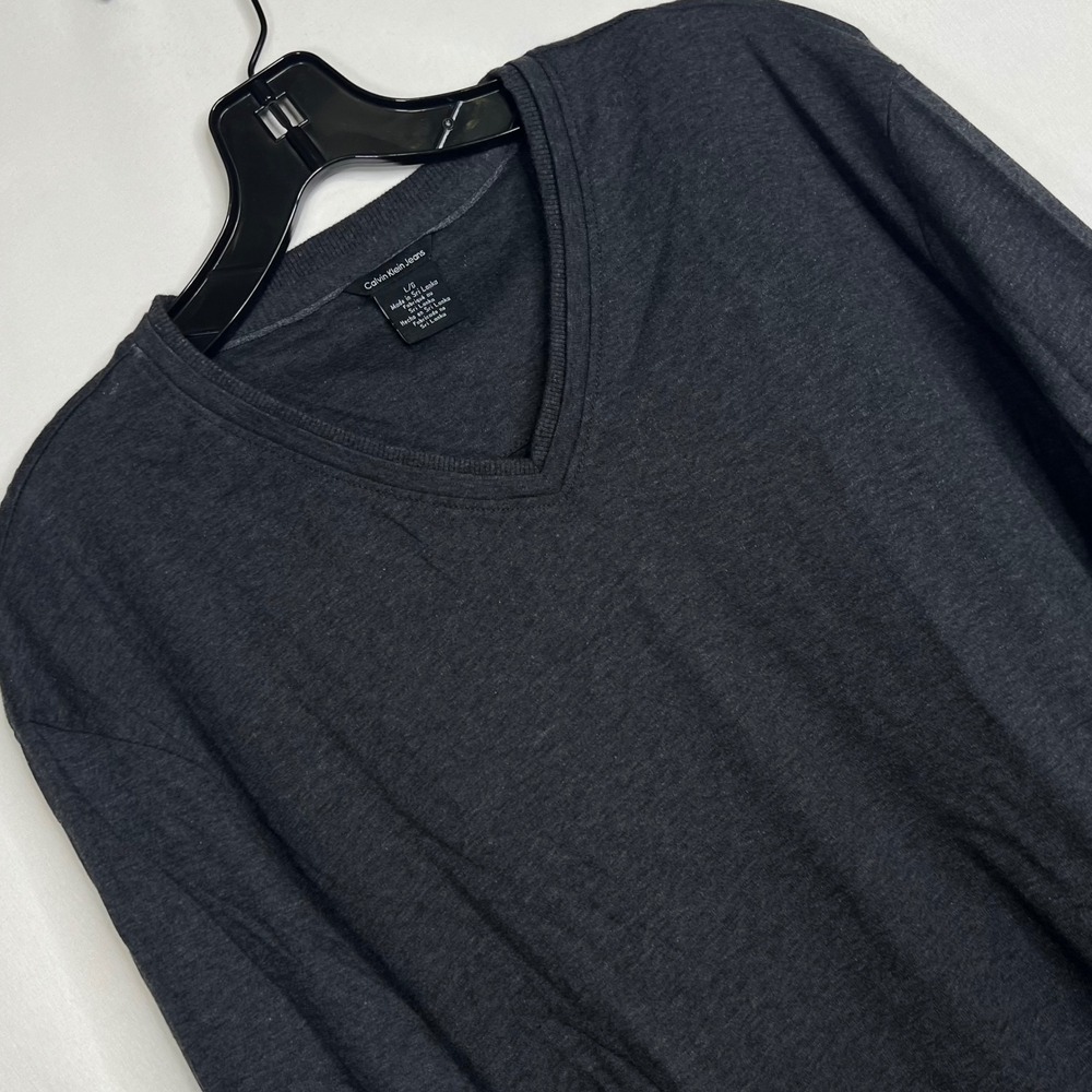 Calvin Klein Charcoal V-Neck Long Sleeve Shirt Men L Cotton Essential Minimalist